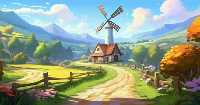 卡通插画自然乡村房屋草木树林风车背景,插画/手绘图,插画/手绘图库,插画/手绘图下载,插画/手绘